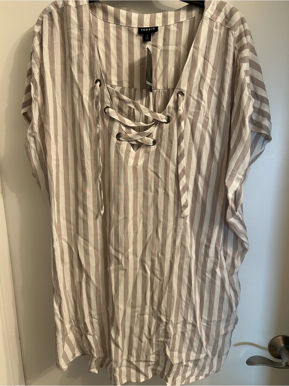 torrid Taupe & White Striped Lace-Up Tunic